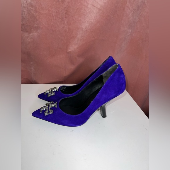 $428 Tory Burch ELEANOR PAVÉ PUMP Shoes Heel Suede Deep Purple US 7M - Picture 4 of 12